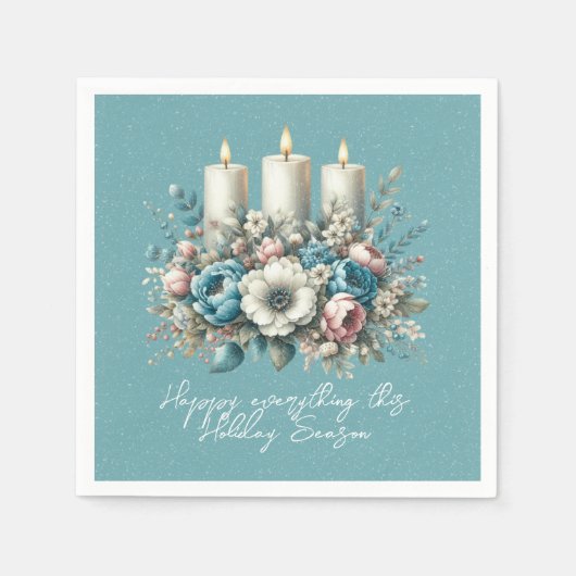 Serviette En Papier Belle Fleurs de Noël Turquoise Bougies (Devant)