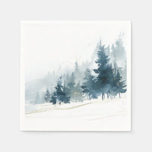 Serviette En Papier Belle forêt d'arbres enneigés en hiver bleu ardois
