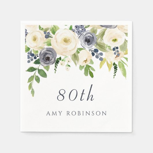 Serviette En Papier Belle Marine & Fleurs blanches 80e fête d'annivers (Devant)