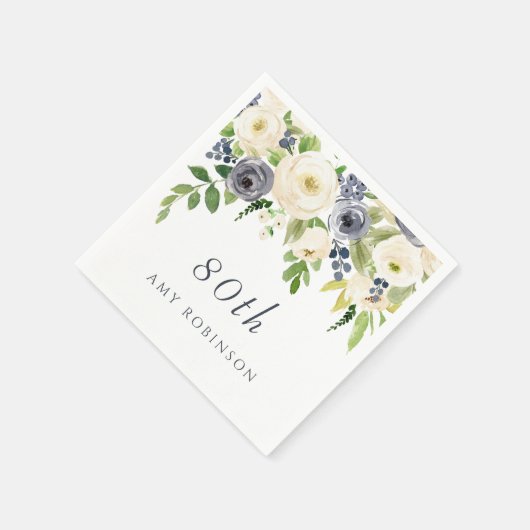 Serviette En Papier Belle Marine & Fleurs blanches 80e fête d'annivers (Coin)