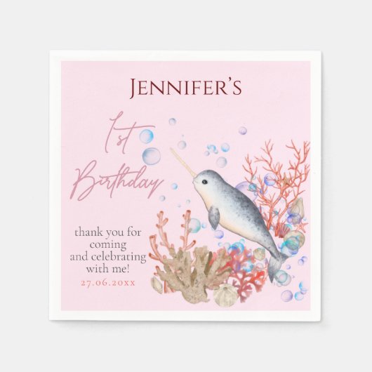 Serviette En Papier Belle mer bébé Narwhal coquilles Anniversaire (Devant)