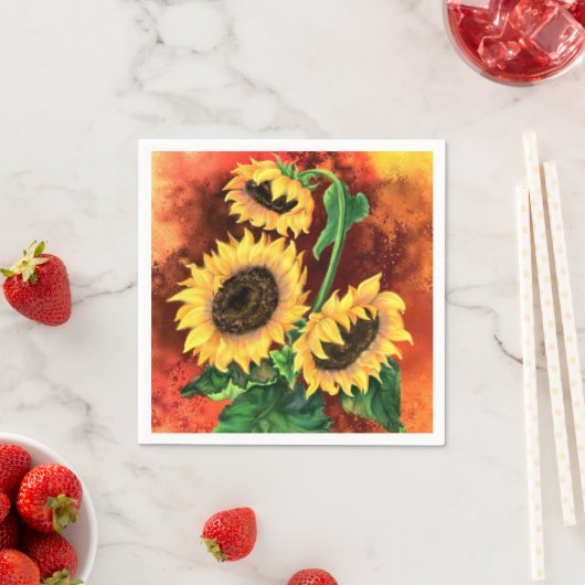 Serviette En Papier Belle Naples Trois Tournesols - Peinture (En situation)