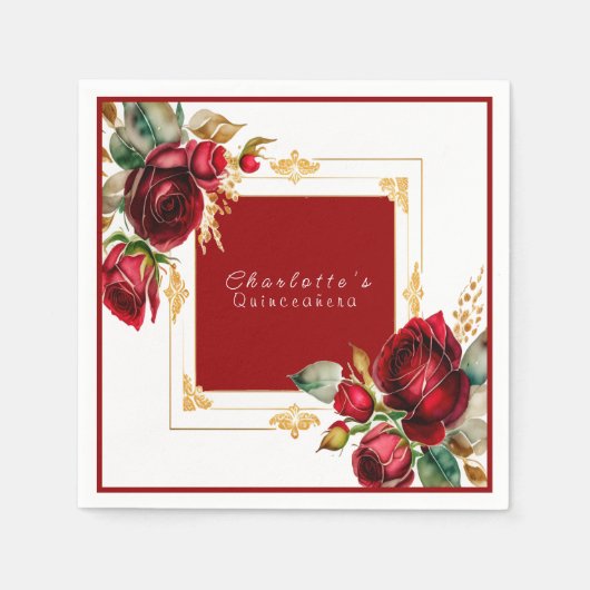 Serviette En Papier Belle Roses Rouges Or Filigree Quinceañera (Devant)