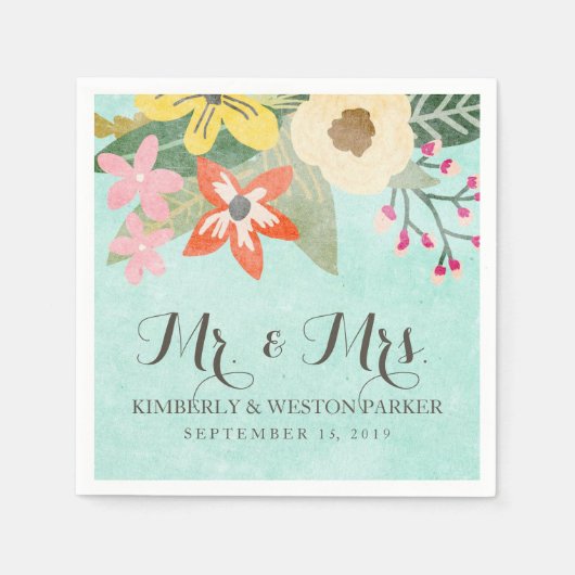 Serviette En Papier Belles fleurs Aquarelle Mariage floral / Aqua (Devant)