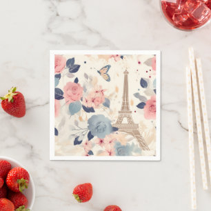 Serviette En Papier Belles Fleurs et Tour Eiffel Paris