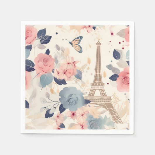 Serviette En Papier Belles Fleurs et Tour Eiffel Paris (Devant)