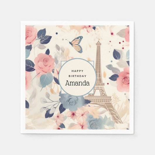 Serviette En Papier Belles Fleurs et Tour Eiffel Paris Anniversaire (Devant)