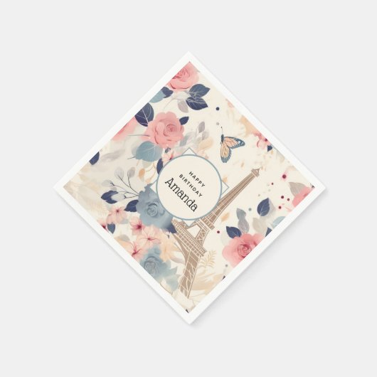 Serviette En Papier Belles Fleurs et Tour Eiffel Paris Anniversaire (Coin)