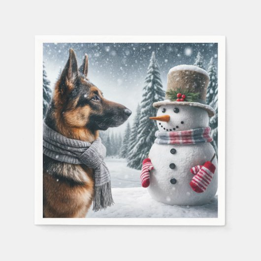 Serviette En Papier Berger Allemand Avec Snowman De Vacances (Devant)