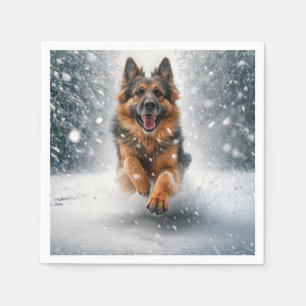 Serviette En Papier Berger Allemand Courant Dans La Neige