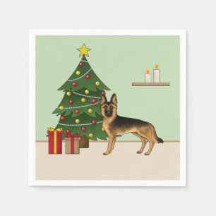 Serviette En Papier Berger Allemand Noir Et Feu Et Un Arbre De Noël