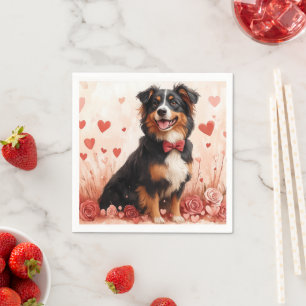 Serviette En Papier Berger Australien avec des Roses - Saint-Valentin 