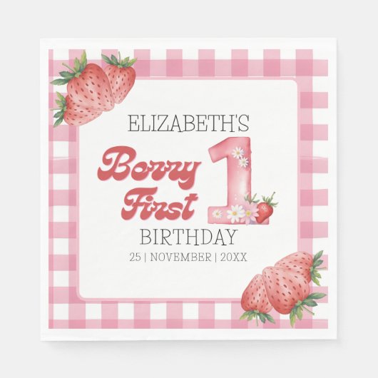 Serviette En Papier "Berry First Birthday Girl strawberry Theme (Devant)