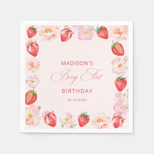 Serviette En Papier Berry First Birthday Strawberry Bow  (Devant)