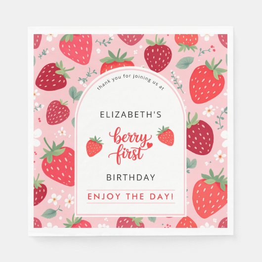 Serviette En Papier Berry First Cute 1er Anniversaire Fille de fraise (Devant)
