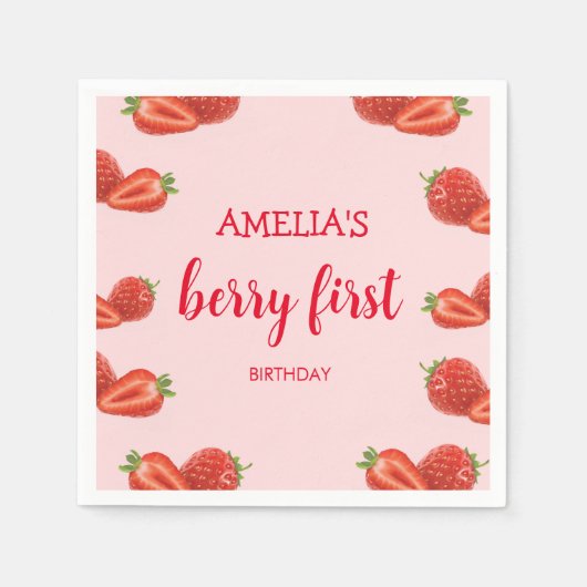 Serviette En Papier Berry First | fraise 1er Anniversaire rose (Devant)