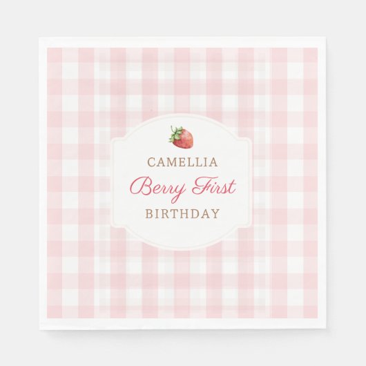Serviette En Papier Berry First Strawberry Pink Gingham Birthday Party (Devant)