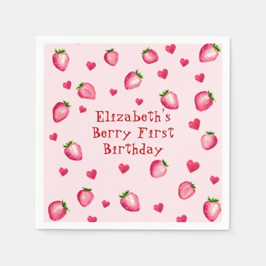 Serviette En Papier Berry rose Premier Anniversaire Fraise Coeurs (Devant)