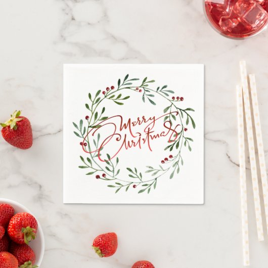Serviette En Papier Berry Wreath Gradient Red Script Joyeux Noël (En situation)