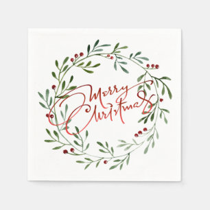 Serviette En Papier Berry Wreath Gradient Red Script Joyeux Noël