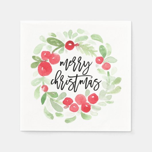 Serviette En Papier Berry Wreath Joyeuse aquarelle de Noël (Devant)