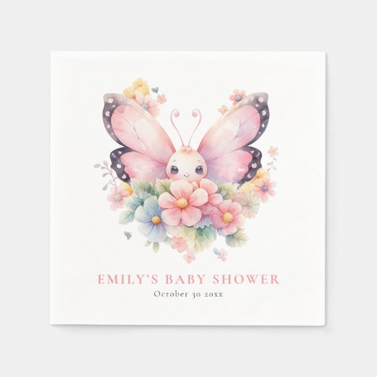 Serviette En Papier Beurre doux et fleurs Baby shower rose (Devant)
