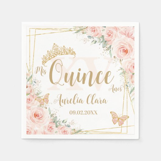 Serviette En Papier Beurre rose floral bleu Quinceanera XV (Devant)
