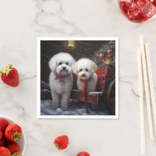 Serviette En Papier Bichon Frise enneigé traîneau décoration de Noël