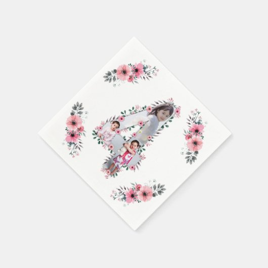 Serviette En Papier Big 4th Birthday Girl Photo Collage Fleur rose (Coin)