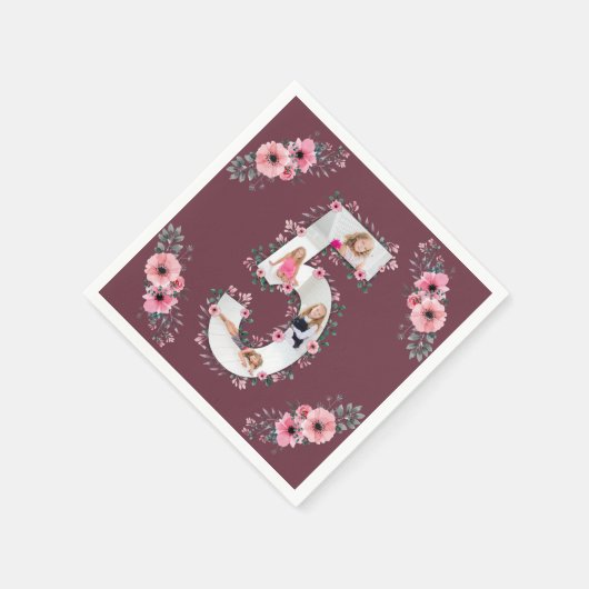 Serviette En Papier Big 5th Birthday Girl Photo Collage Fleur rose (Coin)