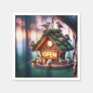 Serviette En Papier Birdhouse avec néon signe ouvert