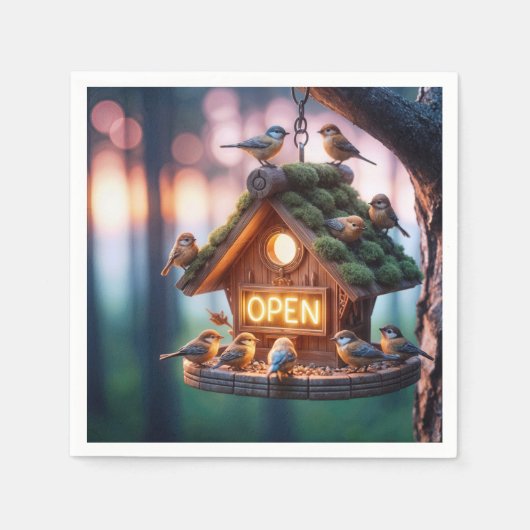 Serviette En Papier Birdhouse avec néon signe ouvert (Devant)