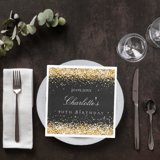 Serviette En Papier Birthday black gold name elegant luncheon