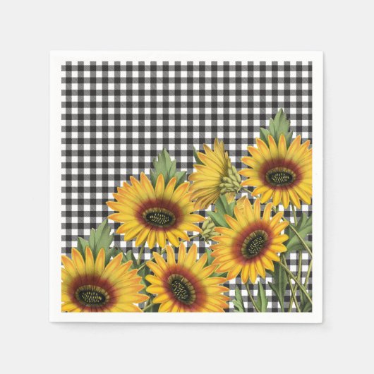 Serviette En Papier Bison noir et blanc Plaid Tournesols jaunes (Devant)