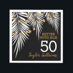 Serviette En Papier Black and Gold 50th Birthday Party<br><div class="desc">Créez de magnifiques serviettes personnalisées de fête d'anniversaire avec votre nom, votre âge et une façade de palmier blanc avec des brins de lumières sur un arrière - plan noir - CHANGER COULEUR ARRIÈRE - PLAN à tout. Tous les textes, polices et couleurs de police peuvent être modifiés. Voir les...</div>