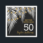 Serviette En Papier Black and Gold 50th Birthday Party<br><div class="desc">Créez de magnifiques serviettes personnalisées de fête d'anniversaire avec votre nom, votre âge et une façade de palmier blanc avec des brins de lumières sur un arrière - plan noir - CHANGER COULEUR ARRIÈRE - PLAN à tout. Tous les textes, polices et couleurs de police peuvent être modifiés. Voir les...</div>