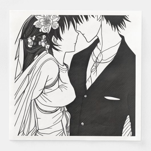 Serviette En Papier Black and White Anime Bride and Groom Wedding (Devant)