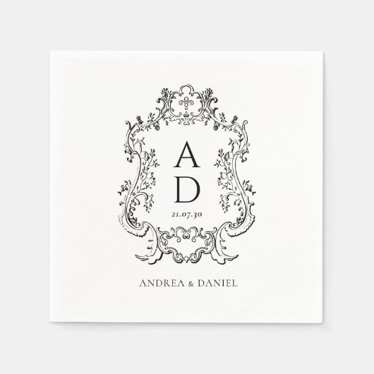 Serviette En Papier Black and White Floral Wedding Monogram (Devant)