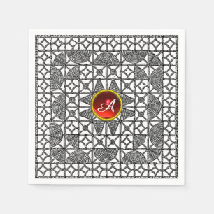SERVIETTE EN PAPIER BLACK BLANC LACE GÉOMÉTRIQUE ROUGE GEM STONE MONOG