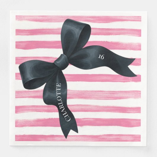Serviette En Papier Black Bow with Pink White Stripe Birthday (Devant)