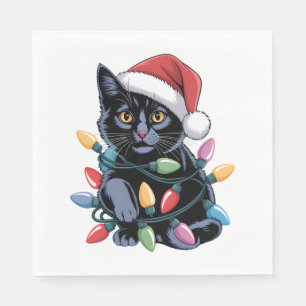 Serviette En Papier Black Cat lumières Noël Amoureux des chats amusant