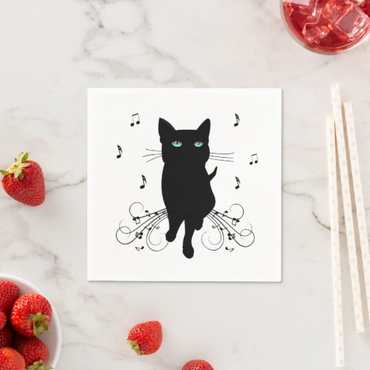 Serviette En Papier Black Cat Surrounded by Whispering Notes of Music (En situation)