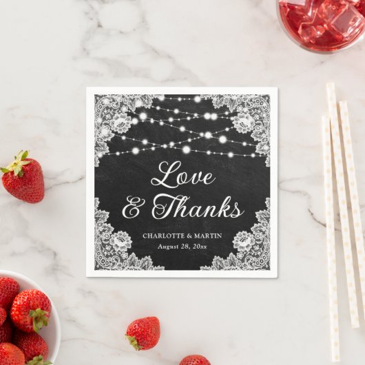 Serviette En Papier Black Chalkboard Lace Love and Thanks Mariage (En situation)