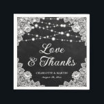 Serviette En Papier Black Chalkboard Lace Love and Thanks Mariage<br><div class="desc">Ces serviettes en papier mariage rustique élégantes et romantiques,  ornées d'un tableau noir et d'un arrière - plan en dentelle blanche et fleurie,  sont idéales pour une fête de mariage rustique,  de printemps,  d'été,  d'automne ou d'hiver. Personnalisez facilement avec vos détails mariages.</div>