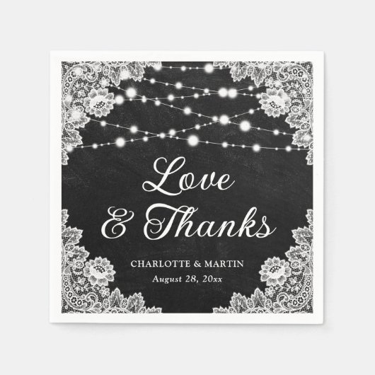 Serviette En Papier Black Chalkboard Lace Love and Thanks Mariage (Devant)