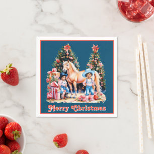 Serviette En Papier Black Cowgirl Winter Scène Cheval Joyeux Noël
