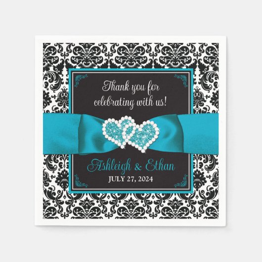 Serviette En Papier Black Damask, Turquoise Love Hearts Mariage (Devant)