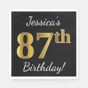 Serviette En Papier Black, Faux Gold 87e anniversaire + Nom personnali