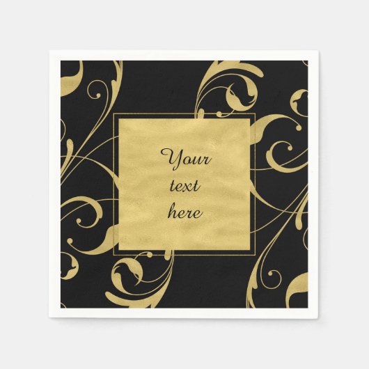 Serviette En Papier Black & Faux Gold Floral Swirl Mariage élégant (Devant)