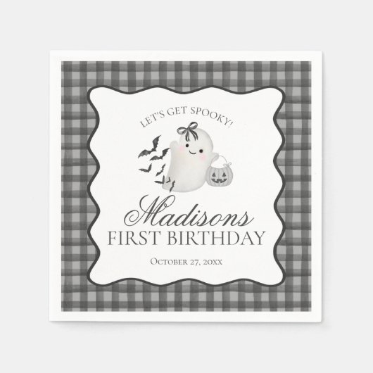 Serviette En Papier Black Gingham Little Boo Ghost Birthday Dessert (Devant)